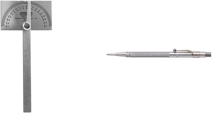 General Tools Angle Protractor #17 Stainless Steel Square Head + General Tools 88CM Tungsten Carbide Scribe and Magnet, Copper, Replaceable Tip-DeskLoop Office