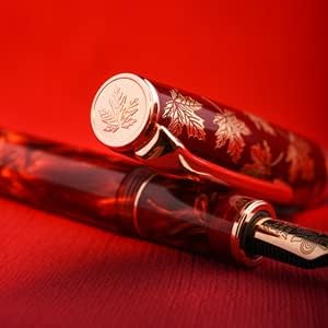 Hongdian N8 Red Acrylic Fountain Pen, Long Blade Fine Nib Rose Gold Trim Maple Leaves Carving Cap, Smooth Writing Pen with Converter and Metal Pen Box Set-DeskLoop Office