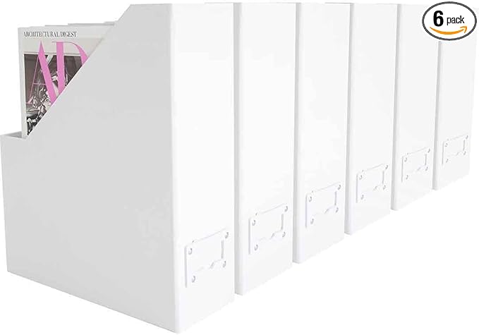 BLU MONACO Set of 6 Foldable White Magazine File Holder with White Leather Label Holders – Stylish Cardboard Desk Organizer Vertical File Organizers Magazine Storage for Workspace and Shelves-DeskLoop Office