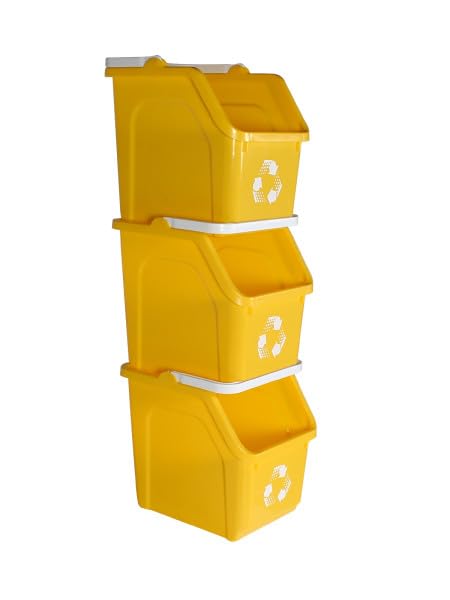 6 Gallon Stackable Recycling Bins for Homes, Garages, Offices Made of 100% Recycled Plastic - (Yellow, 3 Pack)-DeskLoop Office