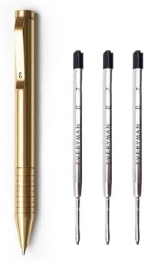 Everyman Brass Mini Twist Grafton Pen & Ink Bundle, EDC Luxury Writing Utensil with Extra 3-pack of Black Gel Refills (.7mm), Pen with Pocket Clip, Gift for Office, Business-DeskLoop Office