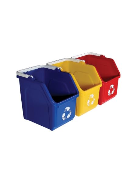 Multi Recycling System with Three Stackable 5 Gallon Bins to Build Your Recycling Center for Offices, Homes, Garages, Businesses (3 Pack, Blue/Yellow/Red)-DeskLoop Office