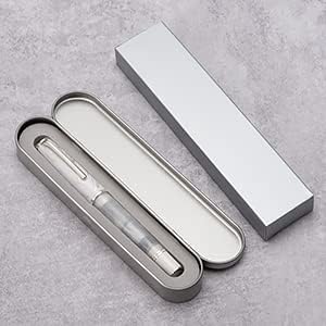 Hongdian N8 White Acrylic Resin Fountain Pen, Iridium Fine Nib Silver Plated Feather Carving Cap Smooth Writing Pen with Converter and Metal Pen Box Set-DeskLoop Office