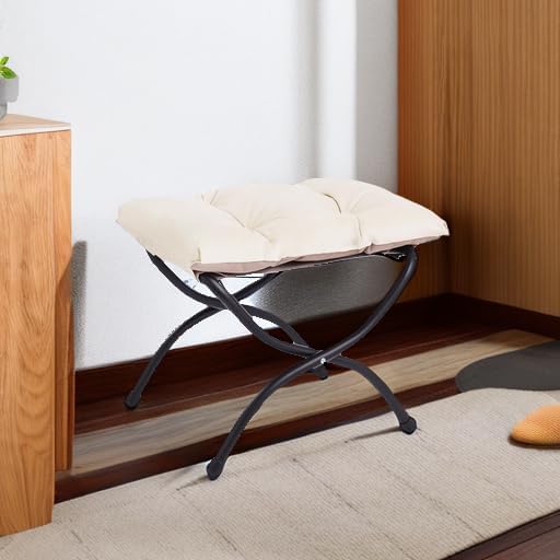 LITA Folding Upholstered Footrest Stool, Modern Small Portable Accent Ottoman with Detachable Thick Cotton Cushion Padded Sofa Stool with Metal Frame for Lazy Chair, Living Room & Bedroom, Beige-DeskLoop Office