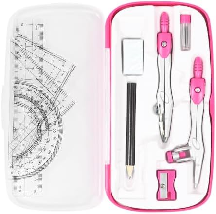 Math Geometry Kit Sets 10 Piece Student Supplies with Shatterproof Storage Box,Includes Rulers,Protractor,Compass,Eraser,Pencil Sharpener,Lead Refills,Pencil,for Drafting(Pink)-DeskLoop Office
