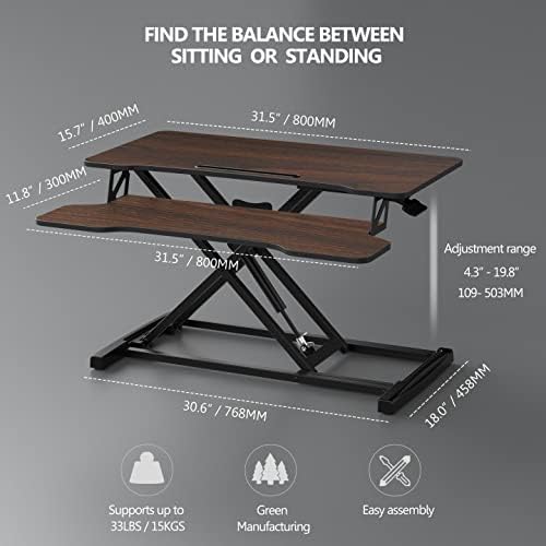 FITUEYES Height Adjustable Standing Desk 32” Wide Sit to Stand Converter Stand Up Desk Tabletop Workstation for Laptops Dual Monitor Riser Brown SD308002WE-DeskLoop Office