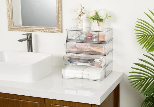 Vtopmart 12.1''W Clear Stackable Storage Drawers,3 Pack Acrylic Plastic Organizers Bins for Makeup Palettes, Cosmetics, and Beauty Supplies,Ideal for Vanity, Bathroom,Cabinet,Desk Organization-DeskLoop Office