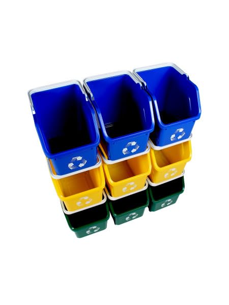 Multi Recycling System with Three Stackable 5 Gallon Bins to Build Your Recycling Center for Offices, Homes, Garages, Businesses (9 Pack, Blue/Yellow/Green)-DeskLoop Office