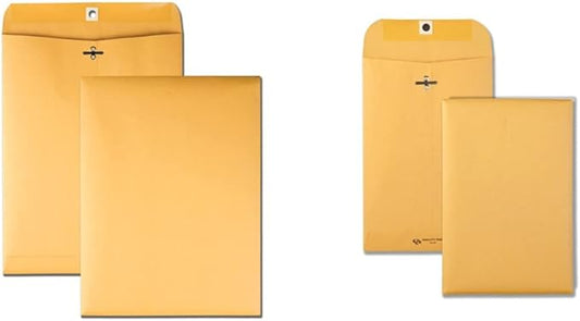 Quality Park 9" x 12" Clasp Envelopes, Brown Kraft, Gummed Flap, 100/Box (QUA37790) & 6 x 9 Clasp Envelopes, Clasp and Gummed Closures for Storing or Mailing, 28 lb Kraft Paper, 100 per Box (QUA37855)-DeskLoop Office