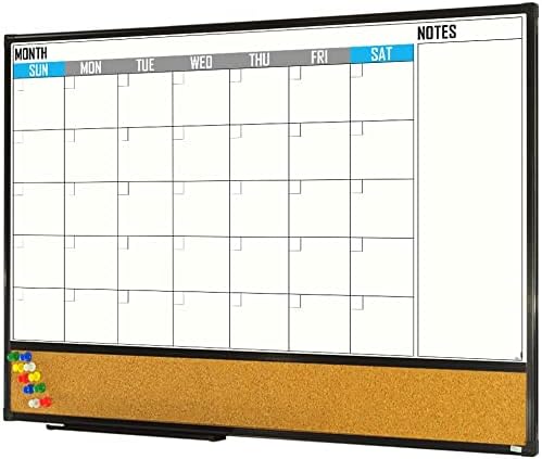 XBoard Dry Erase Calendar Whiteboard 36 X 24 - Combo White Board Calendar Monthly, Magnetic White Board + Corkboard with Black Aluminum Frame, 10 Colorful Push Pins & Marker Tray Included-DeskLoop Office