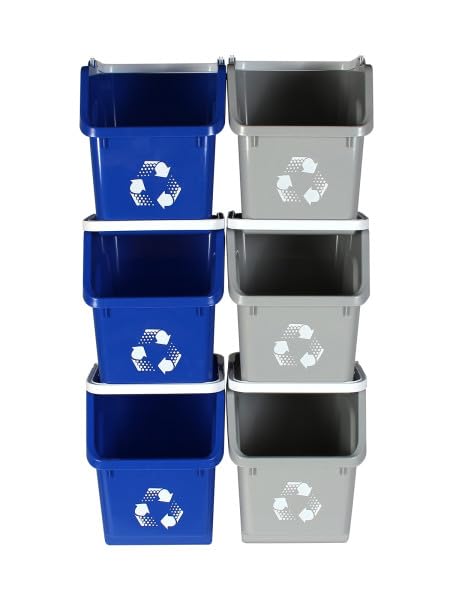Multi Recycling System with Three Stackable 5 Gallon Bins to Build Your Recycling Center for Offices, Homes, Garages, Businesses - (6 Pack, Blue/Grey)-DeskLoop Office