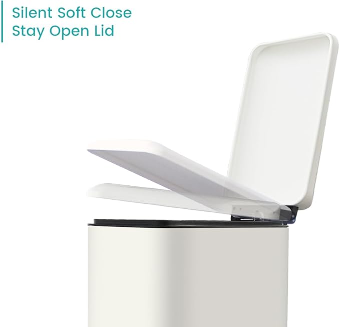 12 Gallon Slim Kitchen Trash Can, Rectangular Trash Can with Removal Inner Bucket and Soft-Close Lid, Foot Pedal, Stainless Steel Garbage Can 45 Liter, White-DeskLoop Office