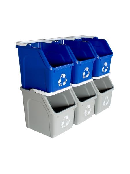 Multi Recycling System with Three Stackable 5 Gallon Bins to Build Your Recycling Center for Offices, Homes, Garages, Businesses - (6 Pack, Blue/Grey)-DeskLoop Office
