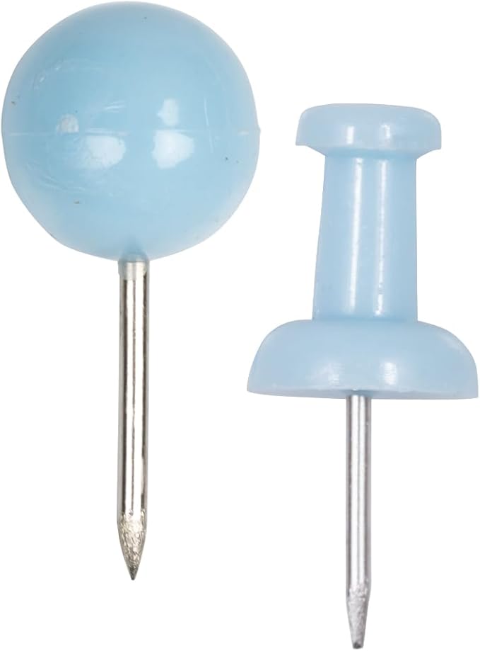 JAM PAPER Colorful Push Pins - Flat & Round Head Thumb Tack Combo Set - Baby Blue Pushpins - 200/Pack-DeskLoop Office