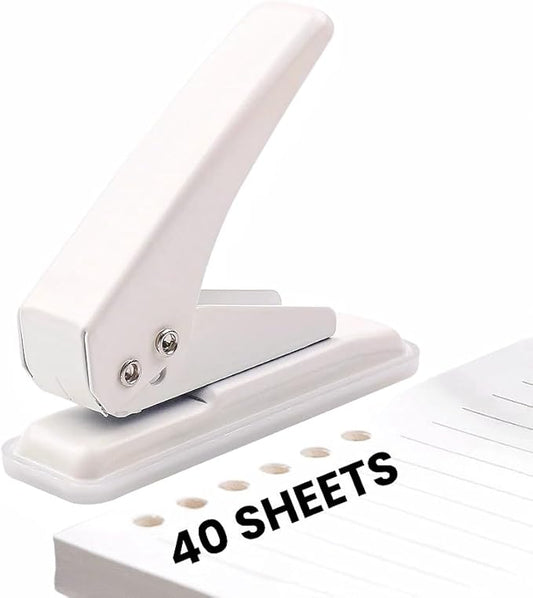 Single Hole Punch, 40 Sheets Punch Capacity Hole Puncher Heavy Duty Hole Puncher Single Small Hole Punch One Hole Puncher for Crafts Paper Cards Tags Scrapbook-1/4 inch Hole, White-DeskLoop Office