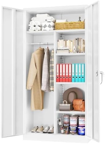 Greenvelly Metal Storage Cabinet Locker with Locking Doors,72" Metal Wardrobe Cabinet, Steel Storage Wardrobe with Hanging for Home Office, Garage, School, Gym(White 36" ×18")-DeskLoop Office