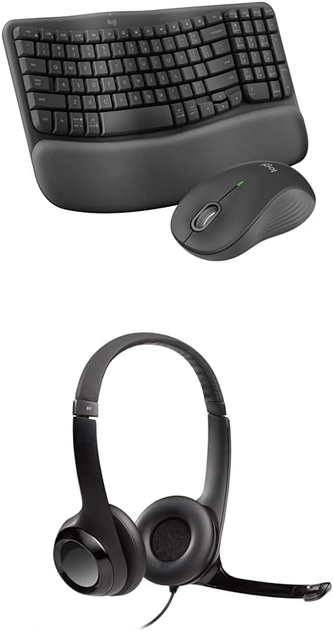 Logitech Wave Keys MK670 Combo, Wireless Ergonomic Keyboard for Multi-OS, Windows/Mac + H390 Wired Headset for PC/Laptop, Stereo Headphones with Noise Cancelling Microphone, USB, in-Line Controls-DeskLoop Office
