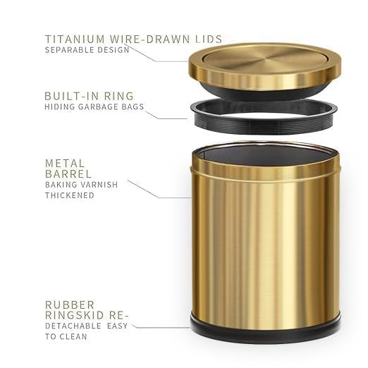 15L/4GAL Gold Bathroom Trash Can, Small Waste Basket with Flipping Lid,Modern Trash can, Golden Trash Can for Bathroom,Kitchen,Living Room,Hotel,Office(Singer Gold)-DeskLoop Office