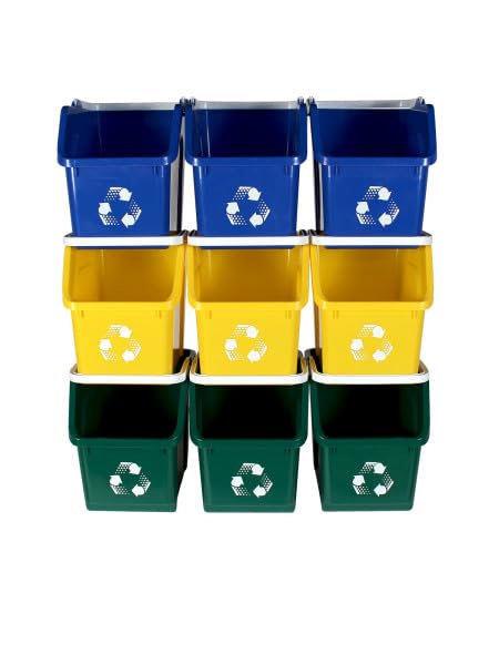Multi Recycling System with Three Stackable 5 Gallon Bins to Build Your Recycling Center for Offices, Homes, Garages, Businesses (9 Pack, Blue/Yellow/Green)-DeskLoop Office