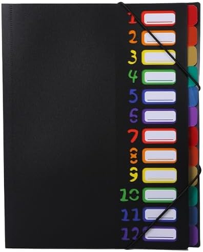 24 Clear Pocket Expanding File Folder with 12 Colored Tabs,Durable A4 Letter Size Organizer,Holds 300 Sheets, Project File Organizer, Numbered Index on Cover,Water-Resistant (Black)-DeskLoop Office
