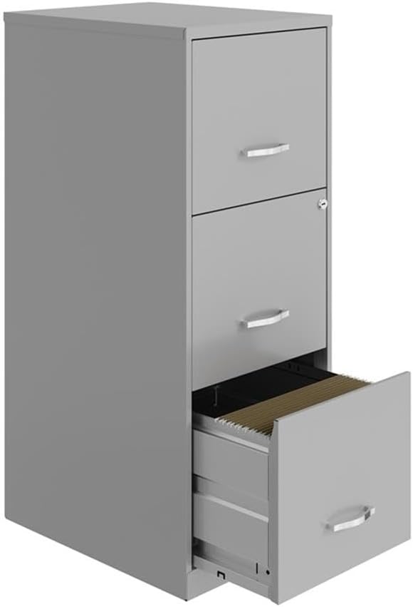 Pemberly Row 3 Drawer Modern Metal Vertical File Cabinet with Lock in Silver-DeskLoop Office