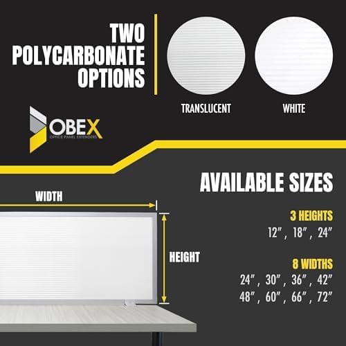 OBEX Polycarbonate Office Desk Mounted Privacy Screen Adjustable Table Top Panel Divider, Universal Aluminum Bracket-USA Made, 18" x 72", White-DeskLoop Office