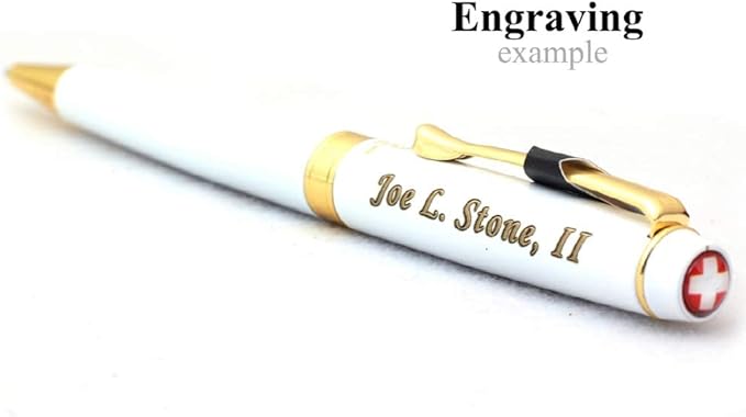 Free Engraving - Personalized Swiss Expert Black Ballpoint Pen, Medium Point, Roller pens, Groomsmen Gift, Free Custom Engraved Gifts for Men, Women (White)-DeskLoop Office