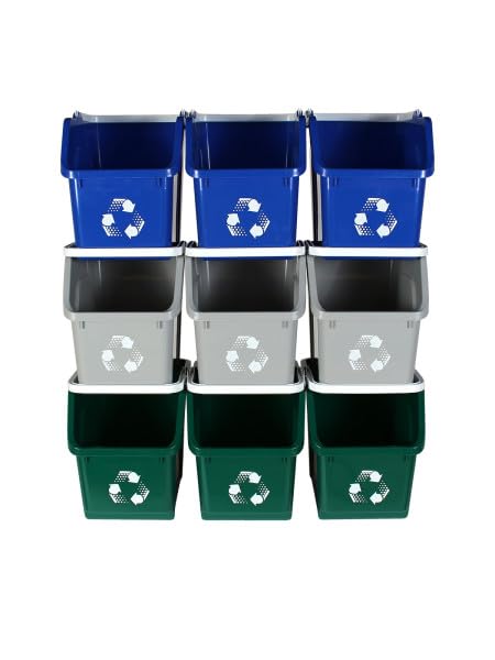 Multi Recycling System with Three Stackable 5 Gallon Bins to Build Your Recycling Center for Offices, Homes, Garages, Businesses - (9 Pack, Blue/Grey/Green)-DeskLoop Office
