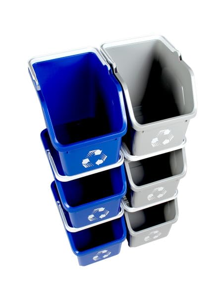 Multi Recycling System with Three Stackable 5 Gallon Bins to Build Your Recycling Center for Offices, Homes, Garages, Businesses - (6 Pack, Blue/Grey)-DeskLoop Office