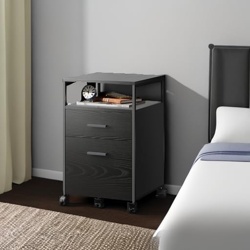 DEVAISE 2 Drawer File Cabinet with Lock and Charging Station, Wood Filing Cabinet fits A4 or Letter Size, Mobile Printer Stand with Open Storage Shelf for Home Office, Black-DeskLoop Office