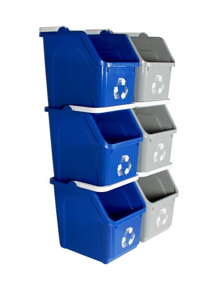 Multi Recycling System with Three Stackable 5 Gallon Bins to Build Your Recycling Center for Offices, Homes, Garages, Businesses - (6 Pack, Blue/Grey)-DeskLoop Office