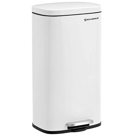 SONGMICS Trash Can with Lid, 8 Gallon Garbage Can, Stainless Steel Small Waste Bin with Step Pedal and Inner Bucket, Soft Close, Kitchen, White ULTB102W01-DeskLoop Office