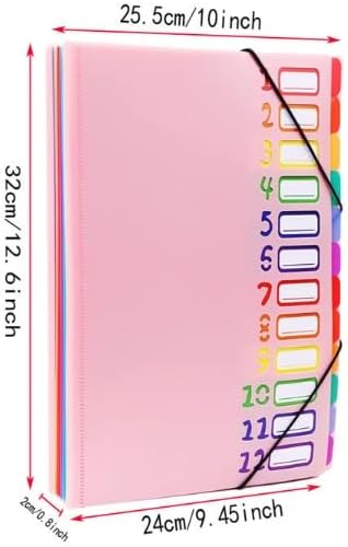 24 Clear Pocket Expanding File Folder with 12 Colored Tabs,Durable A4 Letter Size Organizer,Holds 300 Sheets, Project File Organizer, Numbered Index on Cover,Water-Resistant (Pink)-DeskLoop Office