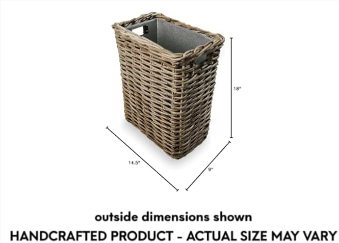 The Basket Lady Large Rectangular Kubu Wicker Waste Basket with Metal Liner, 14.5 in L x 9 in W x 18 in H, Serene Grey-DeskLoop Office