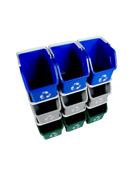 Multi Recycling System with Three Stackable 5 Gallon Bins to Build Your Recycling Center for Offices, Homes, Garages, Businesses - (9 Pack, Blue/Grey/Green)-DeskLoop Office