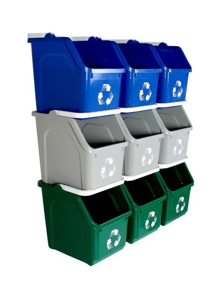 Multi Recycling System with Three Stackable 5 Gallon Bins to Build Your Recycling Center for Offices, Homes, Garages, Businesses - (9 Pack, Blue/Grey/Green)-DeskLoop Office