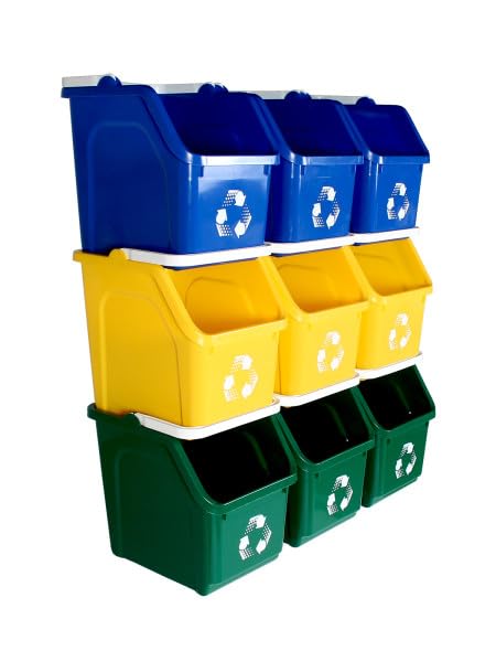 Multi Recycling System with Three Stackable 5 Gallon Bins to Build Your Recycling Center for Offices, Homes, Garages, Businesses (9 Pack, Blue/Yellow/Green)-DeskLoop Office