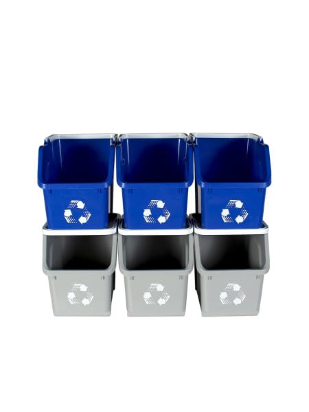 Multi Recycling System with Three Stackable 5 Gallon Bins to Build Your Recycling Center for Offices, Homes, Garages, Businesses - (6 Pack, Blue/Grey)-DeskLoop Office