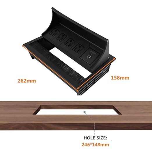 ZESHAN Brush Cable Cubby Connectivity Box Conference Table Power Box with Power Socket, USB and Type C Charger, Black-DeskLoop Office