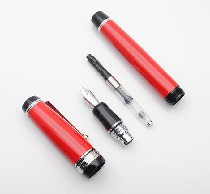 Metal Big Fountain Pen Set Medium Nib 0.7mm, Includes Ink Refill Converter, 5 Ink Cartridges & Gift Box (Medium Nib 0.7mm, Red with Silvery Clip)-DeskLoop Office