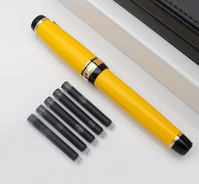 Metal Big Fountain Pen Set Medium Nib 0.7mm, Includes Ink Refill Converter, 5 Ink Cartridges & Gift Box (Medium Nib 0.7mm, Yellow)-DeskLoop Office