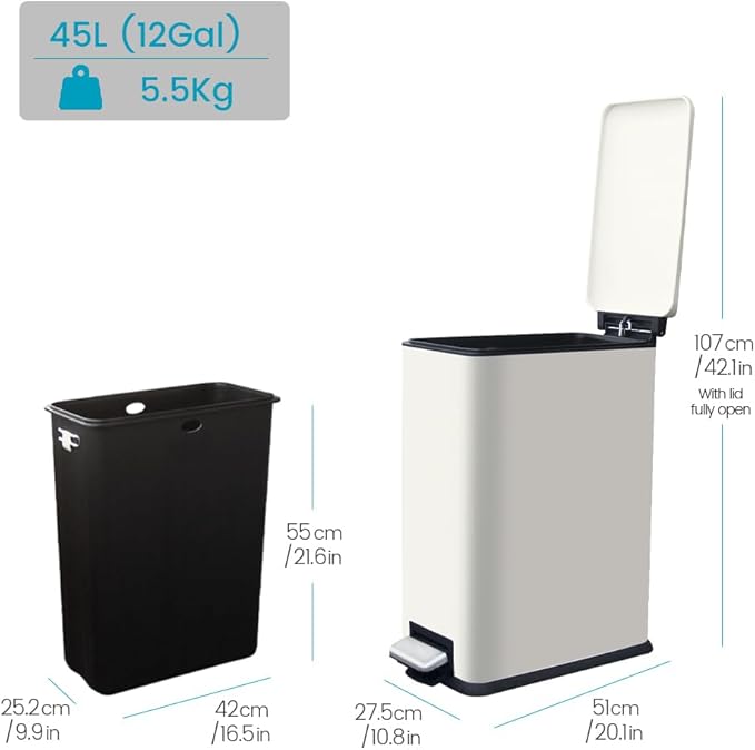 12 Gallon Slim Kitchen Trash Can, Rectangular Trash Can with Removal Inner Bucket and Soft-Close Lid, Foot Pedal, Stainless Steel Garbage Can 45 Liter, White-DeskLoop Office