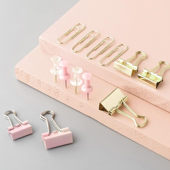 Paper Clips and Binder Clips Set, Metal Assorted Sized Binders with Push Pins, Cute Office Supplies for Desk, Desk Accessories (Gold Set of 3)-DeskLoop Office