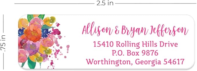 Bright Watercolor Floral Rolled Address Labels / 5 Vibrant Flower Bouquet Designs/Roll of 250 Personalized Address Labels/Designer Return Address Stickers in Elegant Plastic Dispenser-DeskLoop Office