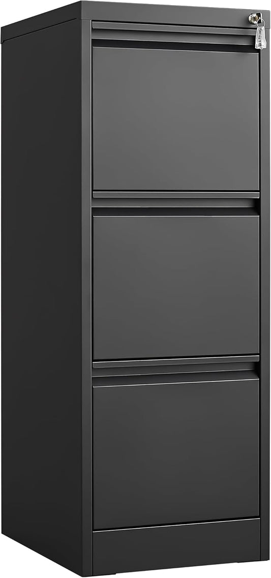 3 Drawer File Cabinet with Lock, Vertical File Cabinets for Home Office, Metal Filing Cabinets, Heavy Duty Steel Lockable Filing Storage Cabinet for Letter/Legal/A4/F4 Size Files, Black-DeskLoop Office