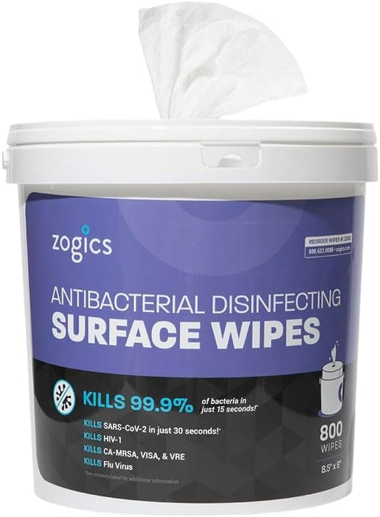 Zogics Antibacterial Wipes, EPA Registered Surface and Gym Equipment Disinfecting Wipes (800 Wipes) + Reusable Wipe Bucket Dispenser-DeskLoop Office