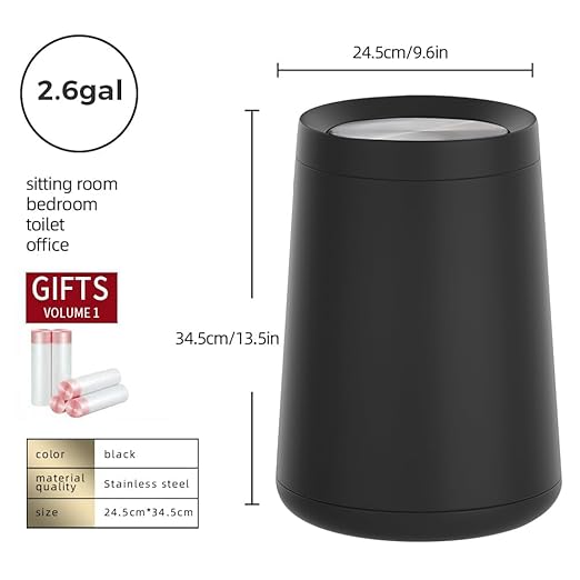 10 L/2.6 Gallon,Matte Black Bathroom Trash Can,Metal Garbage Can with Flipping Lid,for Bathroom, Living Room,Bedroom,Hotel,Office, Laundry Room (Black)-DeskLoop Office