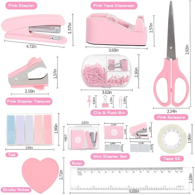 Office Desk Accessories, Pink Office Supplies Set Desk Accessories for Women, Cute Office Supplies with Stapler, Mini Stapler, Staple Remover, Tape, Clips, Scissor and Tabs, Stationary Set for Student-DeskLoop Office