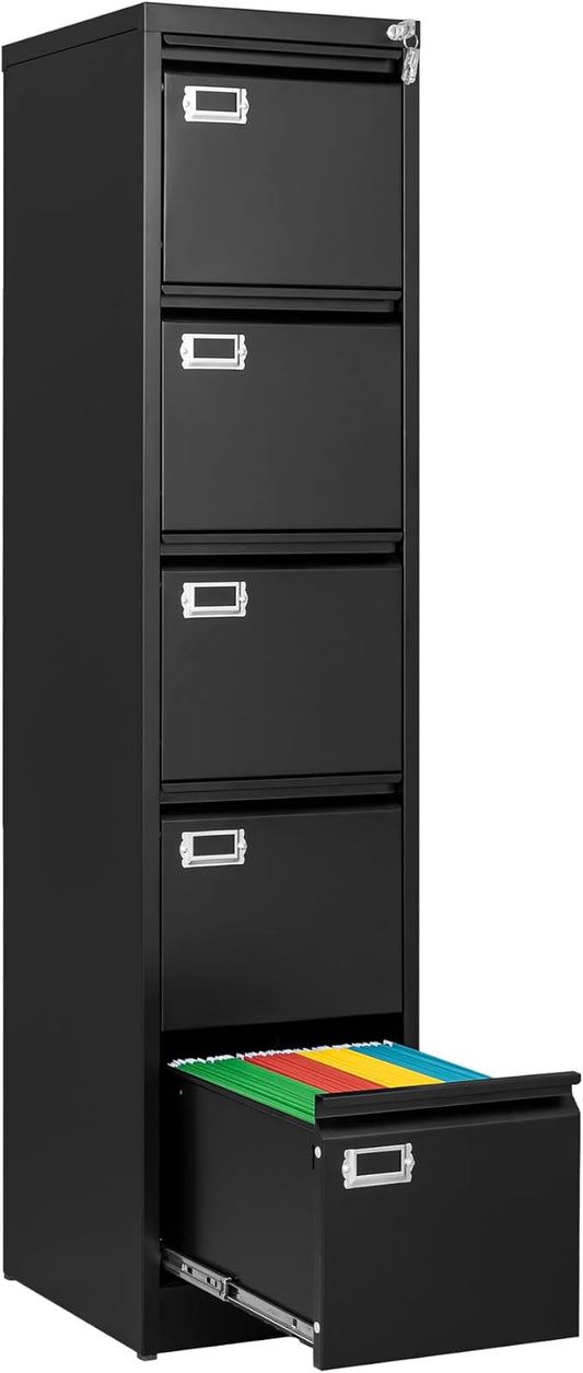 File Cabinets - 5 Drawers Vertical 17.8" Deep Lockable Filing Cabinet - Black & Gray Metal Storage Cabinets for Home Office to Hanging Files Letter/Legal/F4/A4 Size-DeskLoop Office