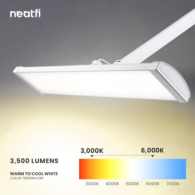 Neatfi Ultra 3,500 Lumen LED Desk Lamp, Color Correlated Temperature, 3 Light Modes, Dimmable, 45W, 26 Inch Wide Metal Shade, 540 SMD LEDs (CCT with Clamp, White)-DeskLoop Office